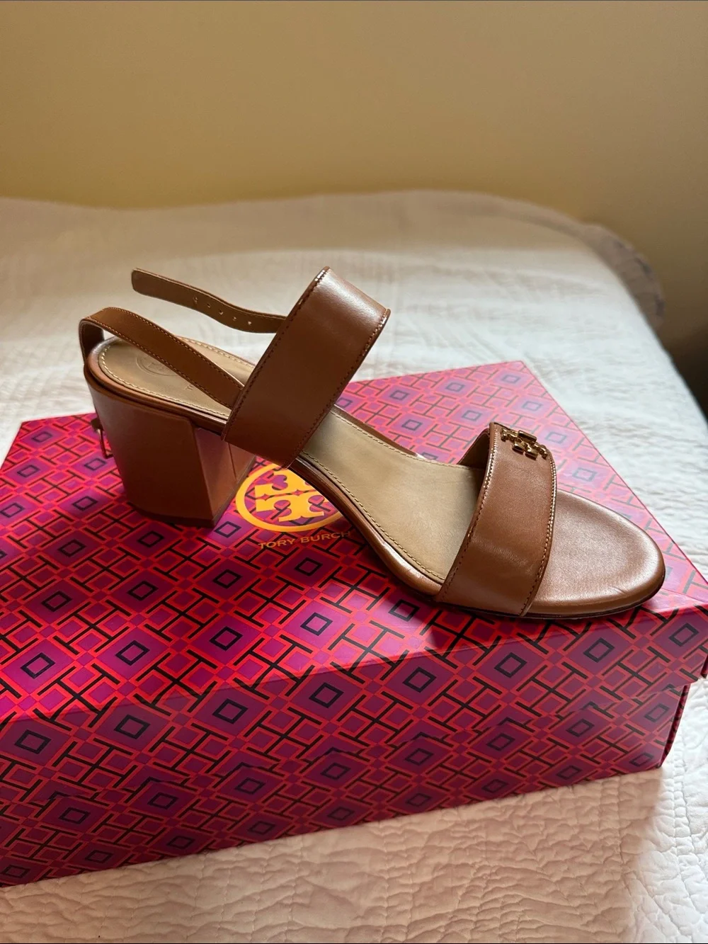 Tory Burch Tan Leather Block Heel Sandals with Gold Logo